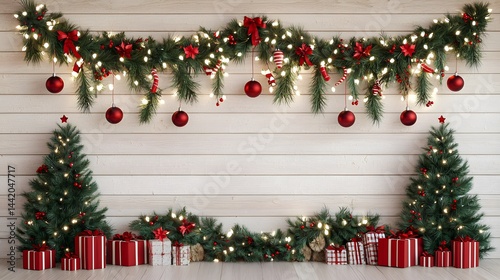 Festive Christmas Decor Illuminated Garland Trees Gifts on White Wood