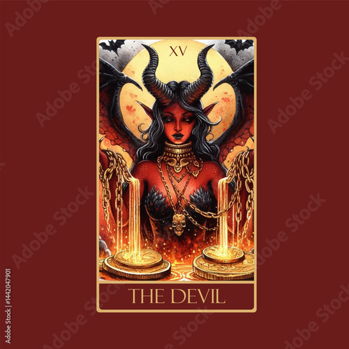 A watercolor Tarot card 'The Devil'.Tarot card colorful deck. Major arcana set part . Vector hand drawn engraved style. Occult and alchemy symbolism.