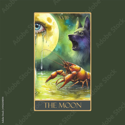 A watercolor Tarot card 'The Moon'.Tarot card colorful deck. Major arcana set part . Vector hand drawn engraved style. Occult and alchemy symbolism.