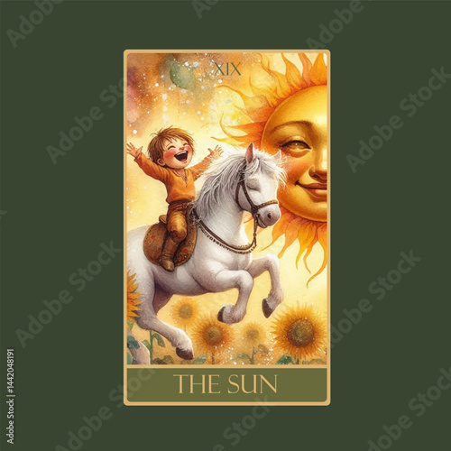 A watercolor Tarot card 'The Sun'.Tarot card colorful deck. Major arcana set part . Vector hand drawn engraved style. Occult and alchemy symbolism.
