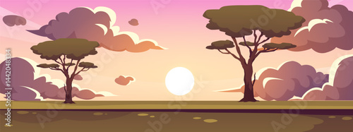 Savanna horizon landscape with baobab trees vector illustration, sky with clouds and sunset, tropical nature Anime style
