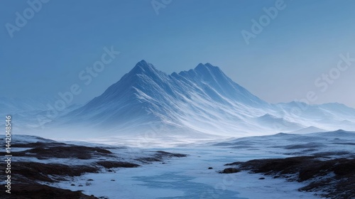 Landscape photograph of a mountain range. the mountain is in the center of the image, with a clear blue sky in the background.