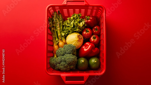 Vibrant arrangement of fresh groceries in a red basket showcasing healthy food choices