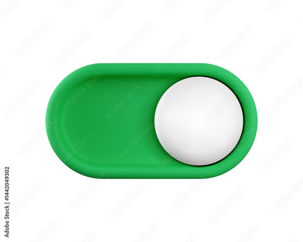 Vector cartoon 3d turn on switch button. Cute realistic 3d green toggle switch slider with white button. Setting toggle design element for mobile app interface, web, game.