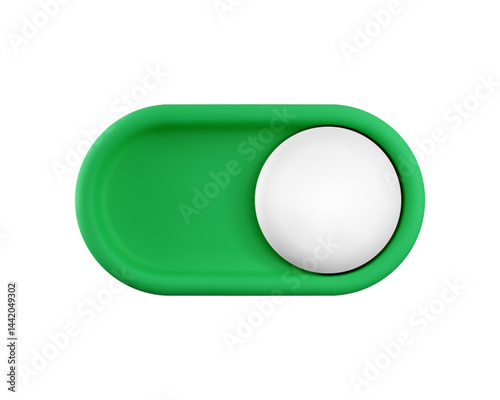 Vector cartoon 3d turn on switch button. Cute realistic 3d green toggle switch slider with white button. Setting toggle design element for mobile app interface, web, game.