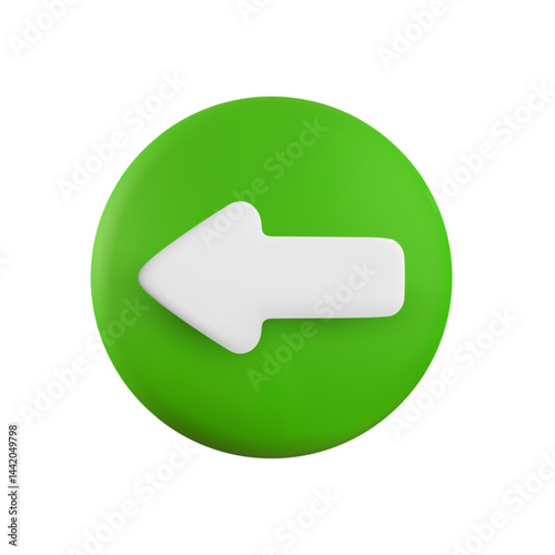 Vector cartoon 3d green arrow button. Cute realistic back direction white arrow sign on red circle. 3d render plastic navigation direction icon for infographic, web, business app, design.