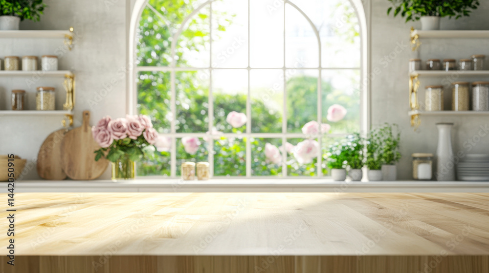 Fototapeta premium Elegant Parisian kitchen with polished maple countertop and garden view through arched window