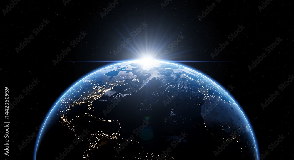 Fototapeta premium Earth view from space with sunrise over the horizon and city lights visible on the dark side 0000000000