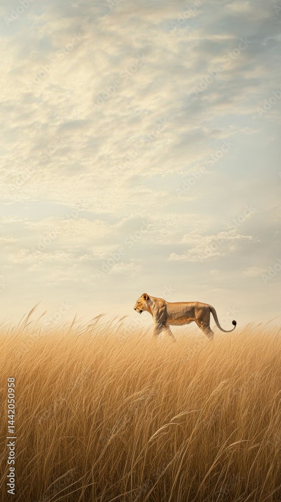 Naklejka premium Lioness walks through tall, golden grass under a cloudy sky.