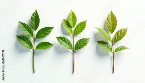 A row of three identical branches on a clean white surface with subtle shadow, repetition, spacing, nature