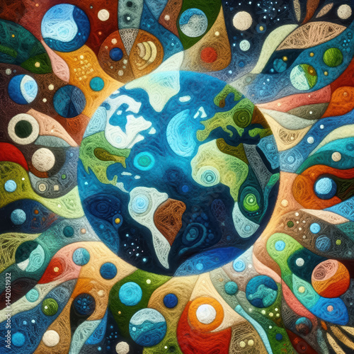 felt art patchwork, world globe planet earth background banner, sustainable environment, ecology, nature regeneration, eco friendly green energy, care for nature esg concept
