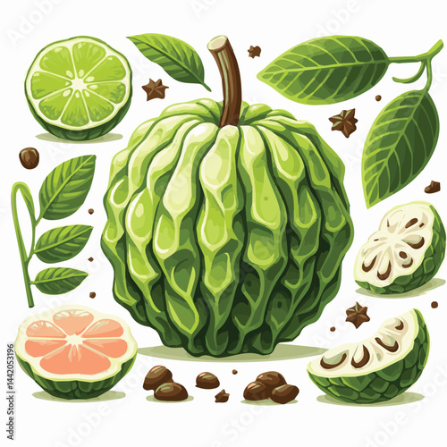 cherimoya, green, fruit, fresh, food, ripe, exotic, sweet, tropical, organic, custard, background, healthy, raw, annona, white, custard apple, delicious, tasty, isolated, dessert, seed, half, chirimoy
