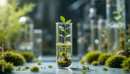 laboratory test tube biology science genetically modified plants sapling green plant in water structure of reproduction of organisms moss and fungi abstract concept background See Less