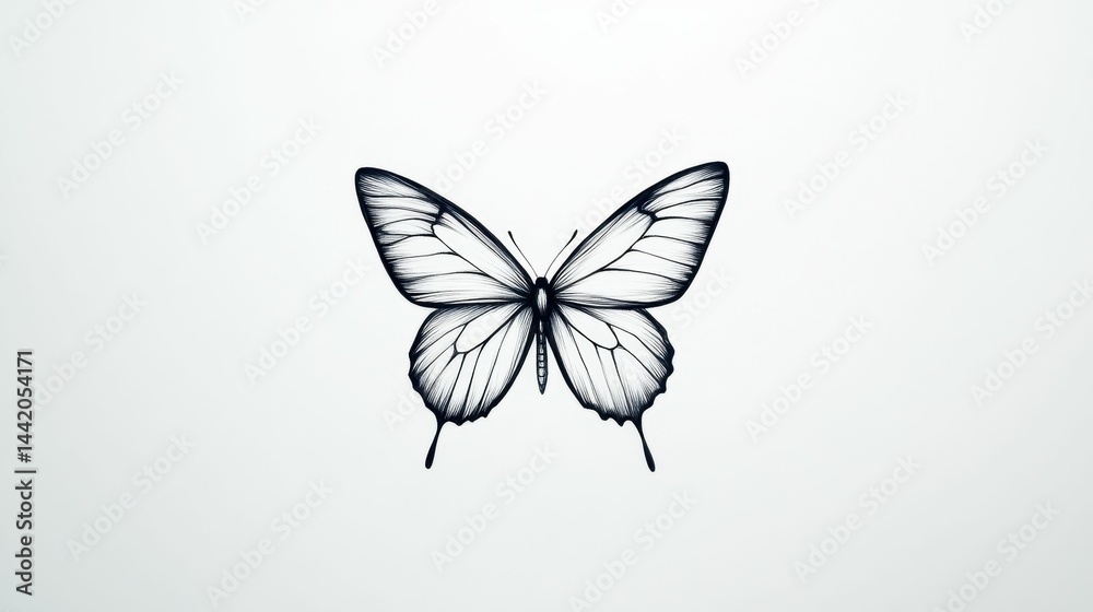 Fototapeta premium Black ink butterfly drawing, white background.