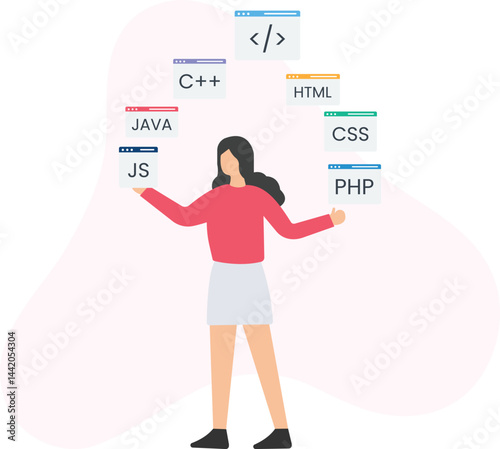  Young adult female programmer choosing the right programming language, such as javascript, java, c++, html, css, php and others, for developing new software

