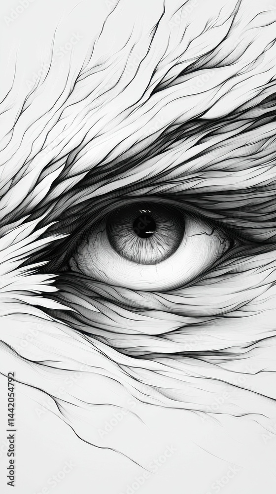 Fototapeta premium Abstract grayscale eye, flowing lines, intense gaze.