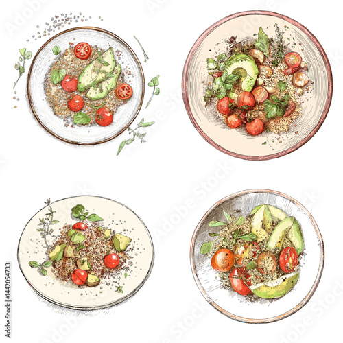 Hand-drawn top view of healthy salad bowls with avocado, cherry tomatoes, grains, and herbs. Watercolor style perfect for nutrition, vegan food, or clean eating concepts.

