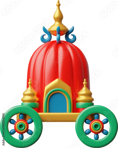 Ratha Yatra festival 3D vector, cartoon festive colorful chariot on wheels, temple cart, religious celebration attribute
