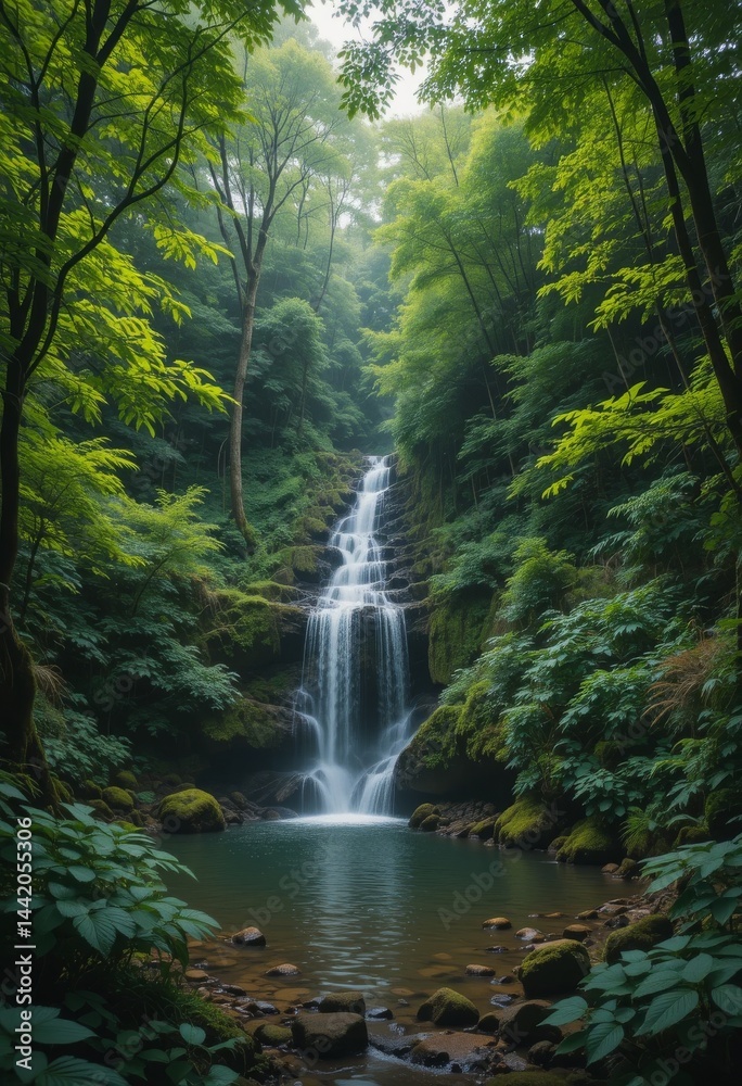 Obraz premium A tranquil waterfall hidden in a lush remote forest surrounded by dense greenery and natural beauty Generative AI