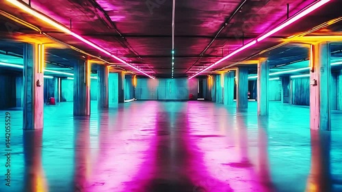 Neon Lights Illuminate Empty Parking Garage