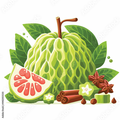 cherimoya, green, fruit, fresh, food, ripe, exotic, sweet, tropical, organic, custard, background, healthy, raw, annona, white, custard apple, delicious, tasty, isolated, dessert, seed, half, chirimoy