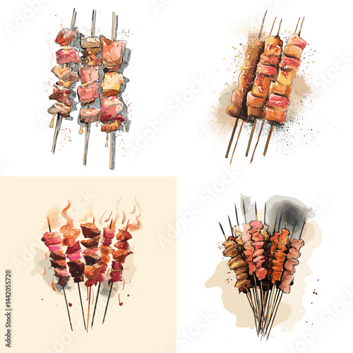 Hand-drawn illustration of assorted grilled meat skewers on sticks. Watercolor style, perfect for BBQ menus, street food promotions, and culinary-themed designs.

