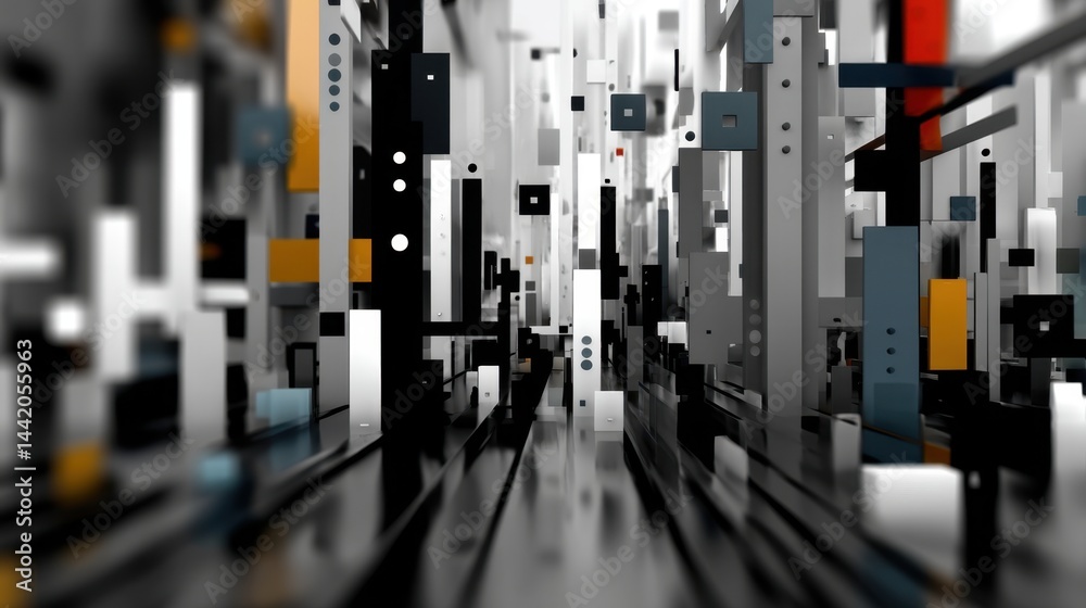 Modern abstract geometric art with colorful rectangular and square shapes in black, white, gray, blue, and yellow Modern abstract geometric art with colorful rectangular and square shapes in black, white, gray, blue, and yellow