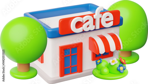 3D vector mockup of coffee building with signboard, trees and flowerbeds.