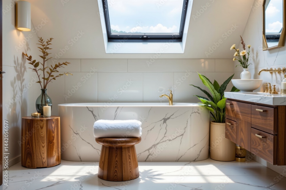 Fototapeta premium Modern Minimalist Bathroom with Skylight and Elegant Decor
