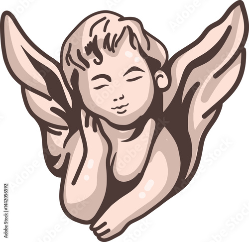 A peaceful cherub with closed eyes and wings