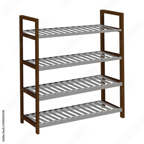 Modern five-tier shelving unit with wooden frame and metal slatted shelves