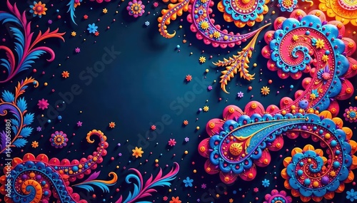 Fluid paisley design with interconnected motifs forms an unbroken field , textile, graphic, scroll