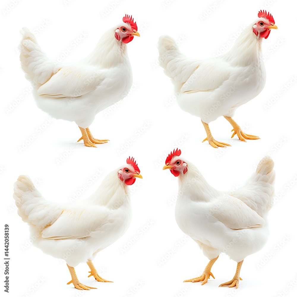 Fototapeta premium Four white chickens with red combs standing on a white background