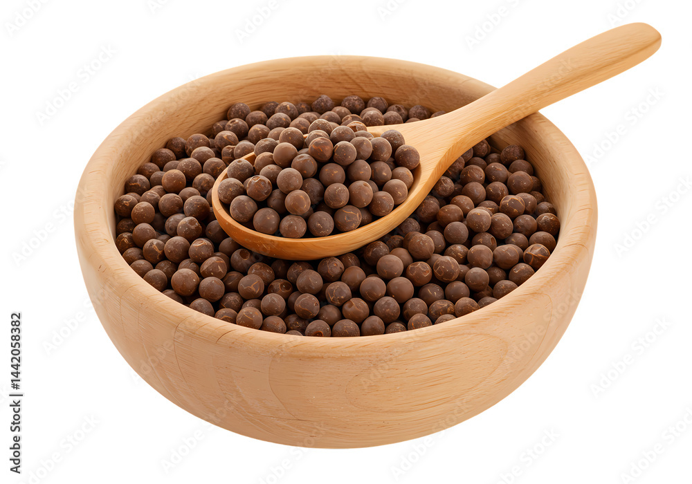 Close-up of Brown Mustard Seeds in a Wooden Bowl on Transparent background Close-up of Brown Mustard Seeds in a Wooden Bowl on Transparent background