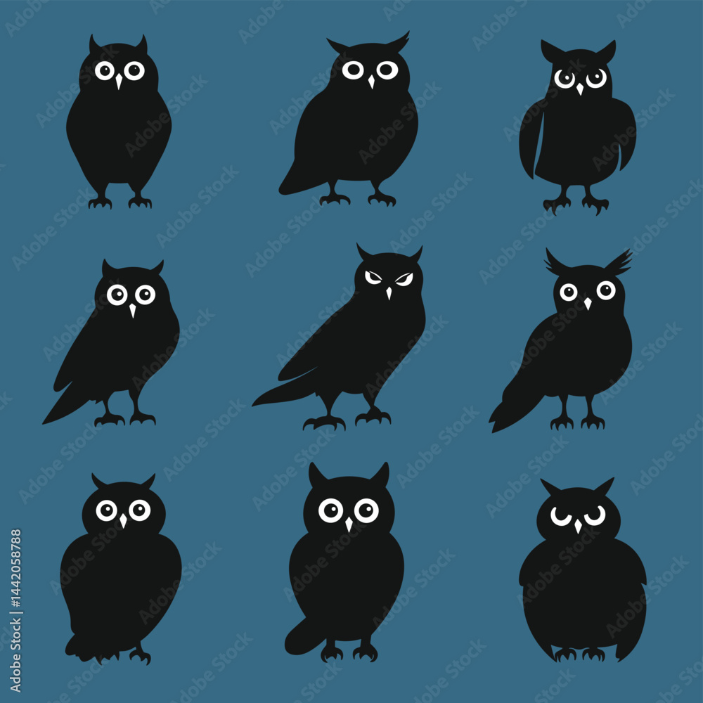 Fototapeta premium Nine Black Owl Silhouettes with White Eyes on Blue Background Illustration