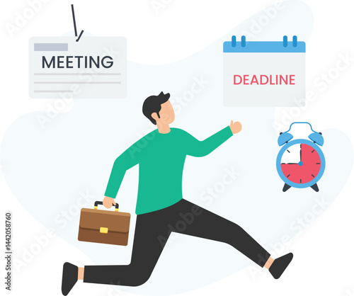 Businessman rushing to a meeting while facing tight deadlines and time pressure. Highlighting the importance of time management and urgency in the fast-paced business world. Flat vector illustration

