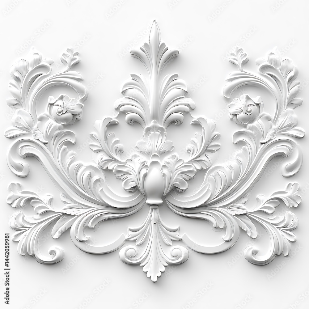 Ornate white plaster relief design with floral and scroll elements Ornate white plaster relief design with floral and scroll elements