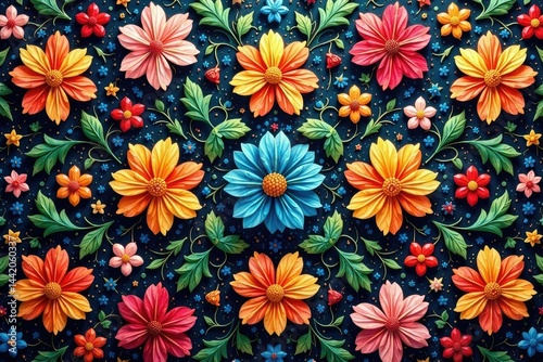 Intricate floral textile design, repeating motif, textile design, continuous, illustration