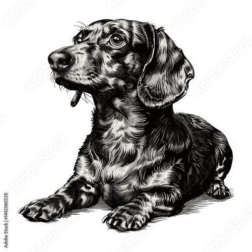 Old engraving style dachshund, vintage vector illustration, black sketch dog, retro pet artwork, trendy canine drawing, classic puppy print, engraved animal art, antique pet graphic
