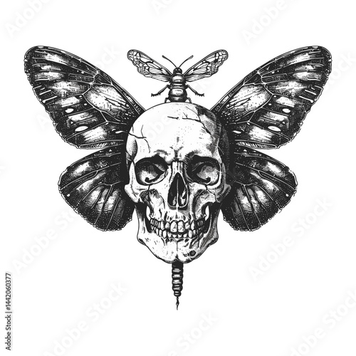 Black vintage engraving tattoo sketch, skull with moth, vintage old style, gothic moth skull art, trendy retro tattoo, vintage dark illustration, skull ink drawing, classic vintage tattoo