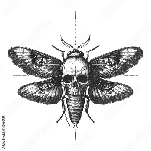 Vintage moth and skull tattoo, black engraving sketch, retro skull art, old style skull, moth skull illustration, dark gothic art, vintage tattoo sketch, skull and insect design