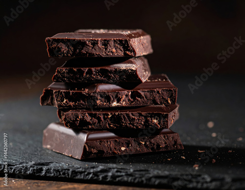 Rich chocolate pieces stacked elegantly, showcasing their smooth texture and deep color. This evokes sense of indulgence and luxury, perfect for chocolate lovers