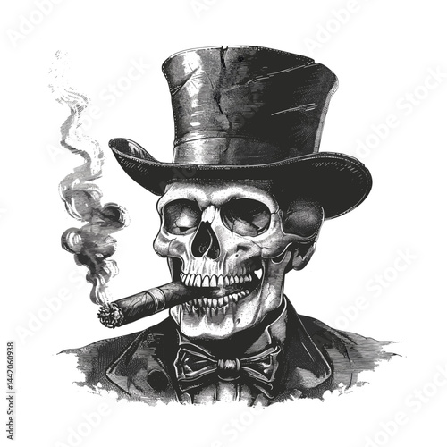 Top hat skull smoking cigar, vintage black and white engraving, old style sketch art, trendy skeleton drawing, gothic skull art, Victorian skeleton artwork