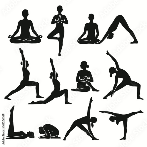 Silhouette Collection of Women Practicing Yoga Poses and Meditation