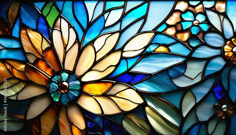 Blue stained glass as a background.