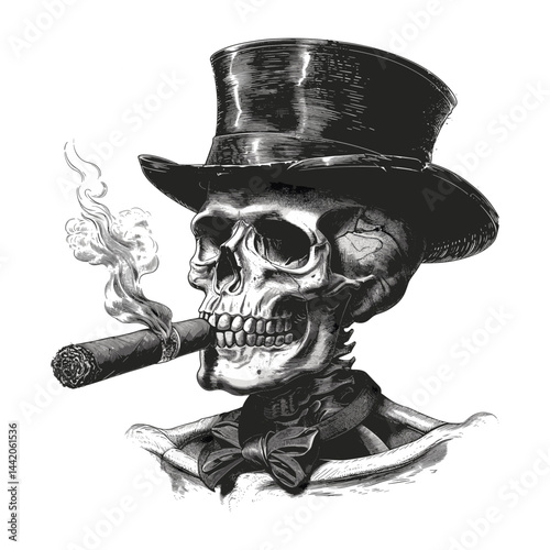 Black and white vintage skull with top hat smoking cigar, engraving art style, old sketch, trendy gothic art, retro skull artwork, Victorian skull illustration