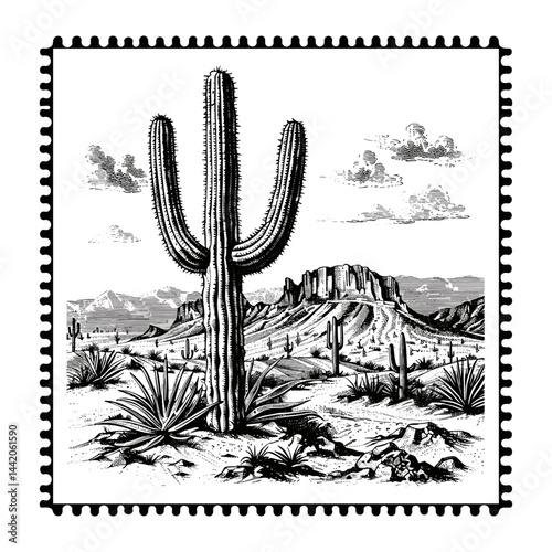 Vintage desert postage stamp, black sketch cactus, mountain scene, old engraving style, retro desert art, wild west landscape, antique travel illustration, rustic desert poster