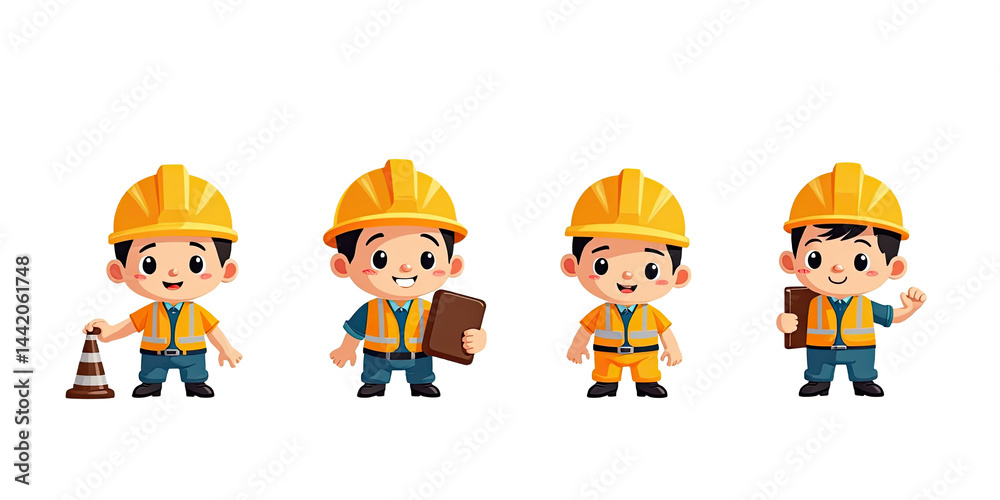 Cute Construction Worker Kids Cartoon Characters - Kid-centric Illu. Cute Construction Worker Kids Cartoon Characters - Kid-centric Illu.