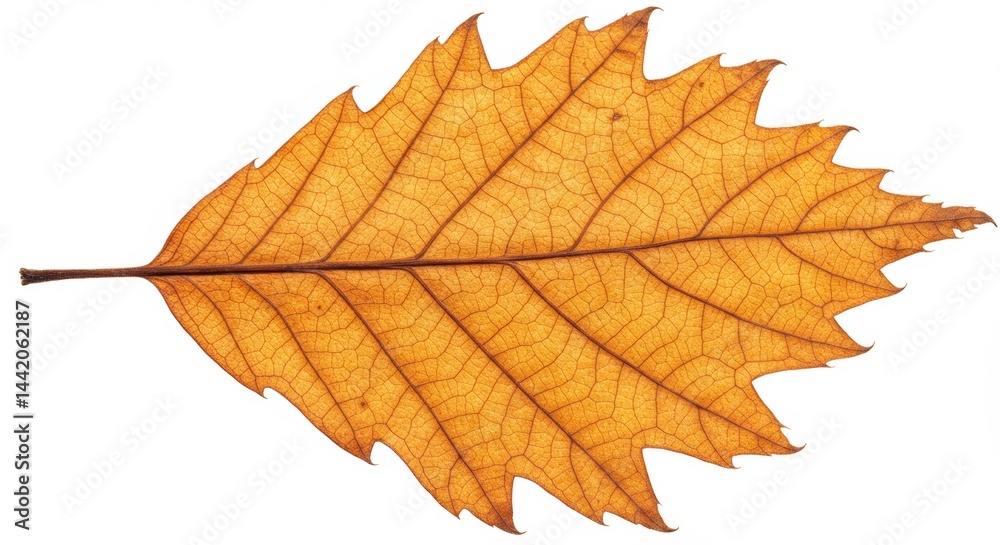 Fototapeta premium Detailed close up of an autumnal oak leaf with intricate veins and serrated edges showing fall season colors and textures against a clean white backdrop
