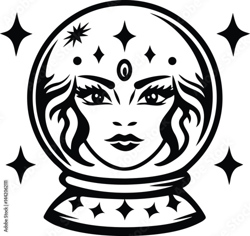 Stylized fortune teller's crystal ball, featuring a woman's face inside silhouette vector illustration, stylized fortune teller's crystal ball with woman's face inside line art vector icon design